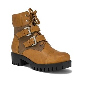 Chase + Chloe Shoes - Women's Cognac Leather Ankle Combat Boots Chase + Chloe Shoes - Women's Cognac Leather Ankle Combat Boots